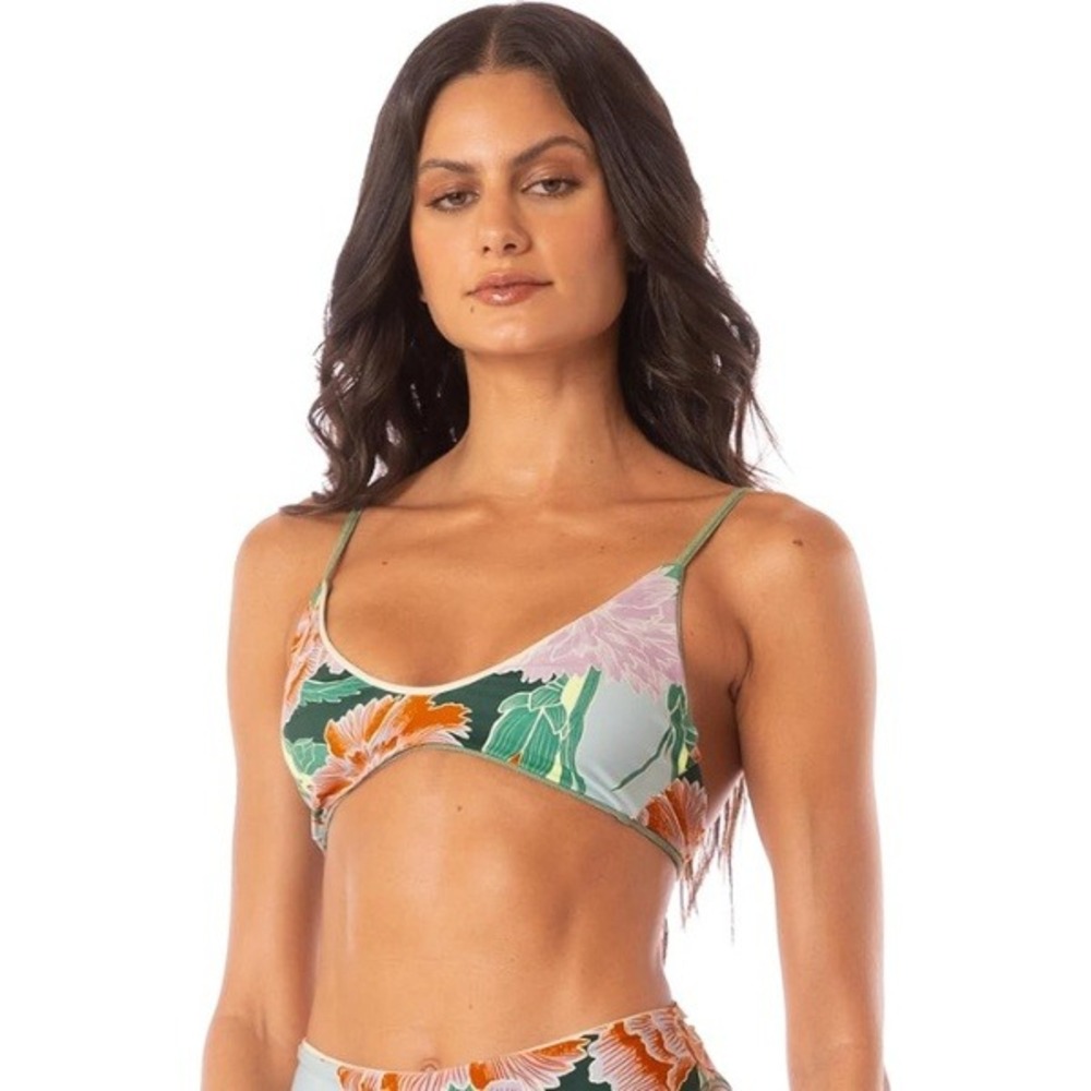 MAAJI Ribbed‎ green / floral bikini top | Tropical reversible swim | Large